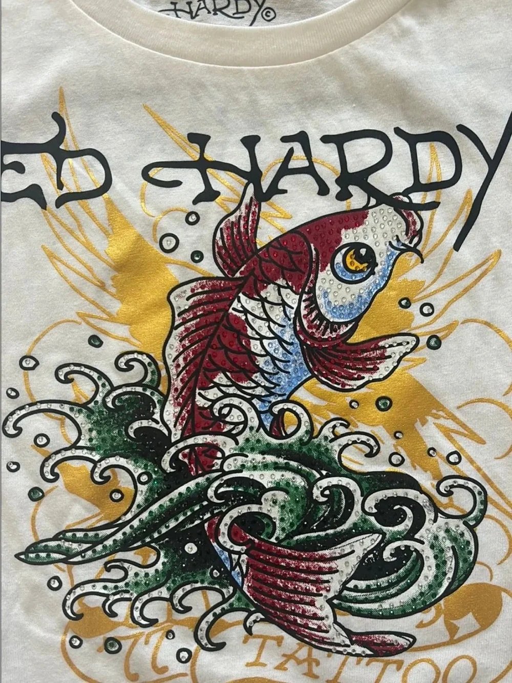 NWT Ed hardy koi fish ivory white rhinestone baby tee